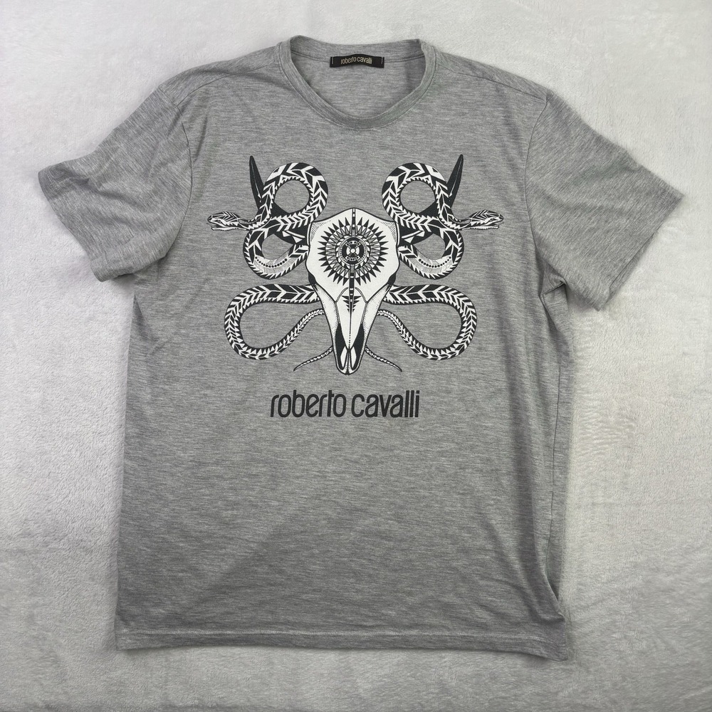 Roberto Cavalli Gray Longhorn Bull Snake Skull Short Sleeve Shirt Men XXL